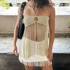 Fringe Tassel Halter Knit Ring Cutout Top
