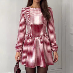 Red Gingham Long Puff Sleeve Backless Bow Tie Mini Dress