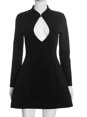 Solid Hollow Out A-line Turtleneck Long Sleeve Mini Dress