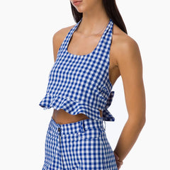 Blue Gingham Halter Back Tie Ruffle Hem Crop Top