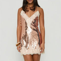 Gold Sequin Lace Trim Spaghetti Strap Mini Dress