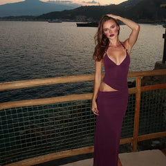 V-neck Halter Tie Up Side Cut Out Maxi Dress