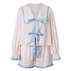 Christmas Peter Pan Collar Front Tie Long Sleeve Top And Shorts Striped Plaid Pajama Set