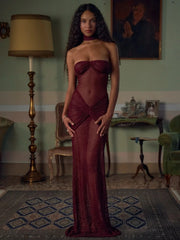 Red Sheer Long Sleeve Drape Maxi Dress