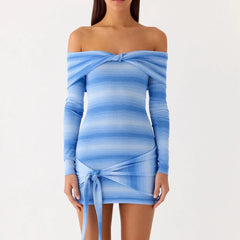 Blue Gradient Off-Shoulder Knit Drape Mini Dress