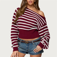 Off-Shoulder Striped Knit Sweater