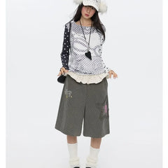Grey Polka Dot Ruffles Patchwork Capri Pants