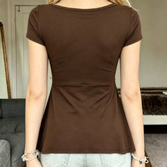 Square Neck Front Tie Short Sleeve Peplum Top
