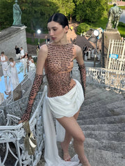 Mesh Letter Printed  O-Neck Tank Top With Gloves