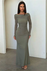 Boat Neck Mesh Long Sleeve Bodycon Maxi Dress