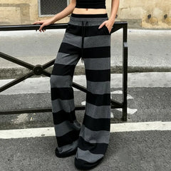 Black Striped Drawstring Flare Pants
