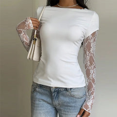 White Lace Long Sleeve Patchwork Top
