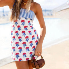 White And Blue Floral Printed Tube Mini Dress