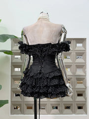 Off-shoulder Frill Rose Corset Top And Polka Dot Ruffle Mini Sirt Set