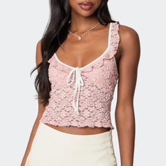 Lace See Through Cropped Ruffled Tank Top
