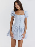 Blue Puff Sleeve Frill Mini Dress With Removable Corset