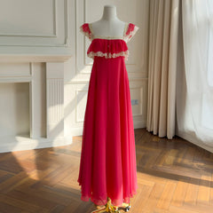 Red Lace Trim Square Neck Ruffle Chiffon Maxi Dress