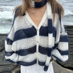 Striped Knit Cardigan With Scarf
