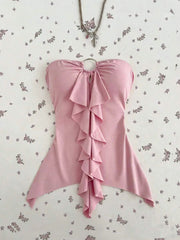 Pink Metal Ring Cutout Ruffle Strapless Top