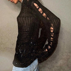 Long Sleeve Hollowed Distressed Knitted Pullover Top
