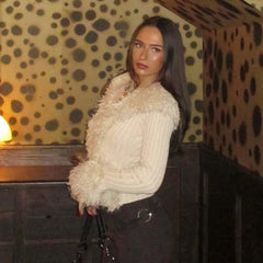 Furry Patchwork Ribbed Zipper Cardigan