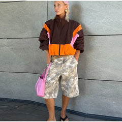 Color Block Collared Zip Up Jacket