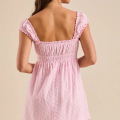 Pink lace dress with ruffled straps- back