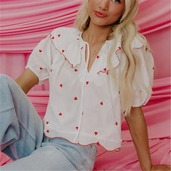 Heart Print Short Sleeve Front Tie-Up Blouse