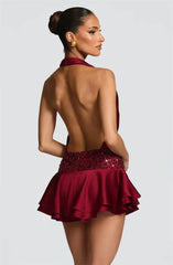 Satin Deep Neck Halter Glitter Ruffle Hem Mini Dress