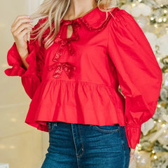 Red Ribbon Bow Doll Collar Long Sleeve Ruffled Blouse