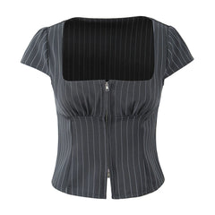 Striped Square Neck Short Sleeve Double Zipper Top