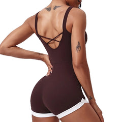 Brown romper with white trim back view