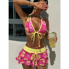 Floral Color Block Triangle Bikini And Pants With Cover Up Skirt Three-Piece Set