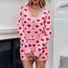 Love Heart Pattern Button Up Crop Knit Cardigans and High Waist Shorts