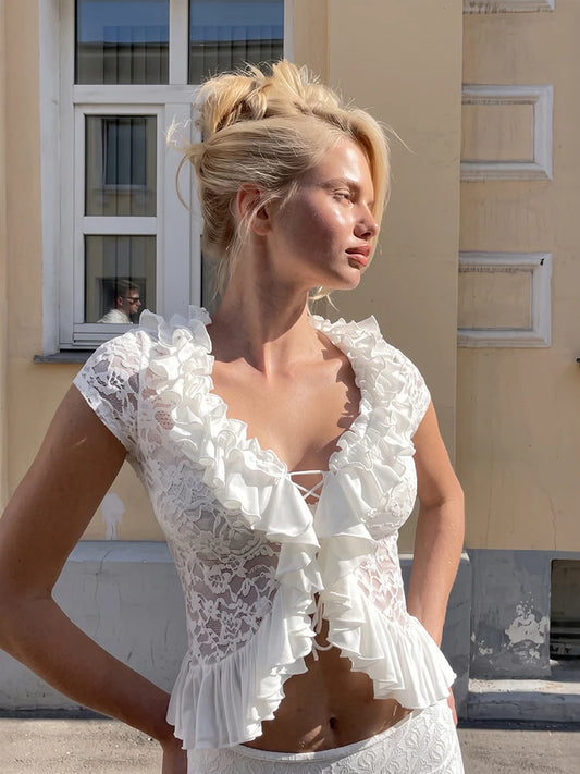White Lace Ruffle Tie Up Short Sleeve Top