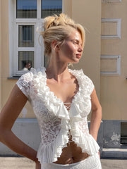 White Lace Ruffle Tie Up Short Sleeve Top