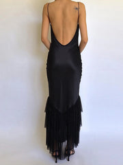 Black Rose Satin Print Spaghetti Strap Tassel Hem Maxi Dress