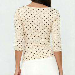 3/4 Sleeve Polka Dot Lace Trim Square Neck Top