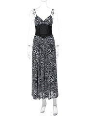 Zebra Print Spaghetti Strap Mesh Corset Patchwork Maxi Dress