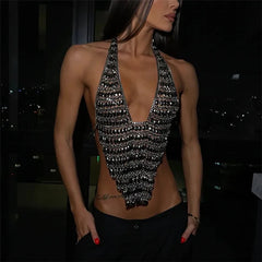 Sequin Body Chain Deep Neck Open Back Crop Top