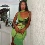 Green Mesh Printed Draped Mini Dress