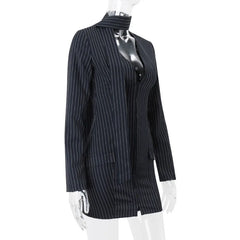 A stylish blue blazer mini dress with long sleeves and a classic striped pattern.