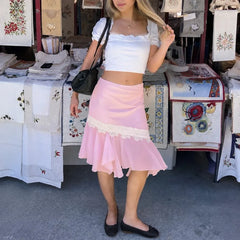Pink Irregular Frill Hem Lace Trim Midi Skirt