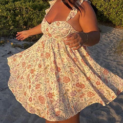 Floral or solid frill strap flowy mini dress.