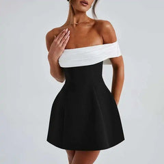 Black A-line Off Shoulder Satin Strap Mini Dress