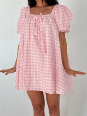Plaid Bodydoll Puff Sleeve Mini Dress