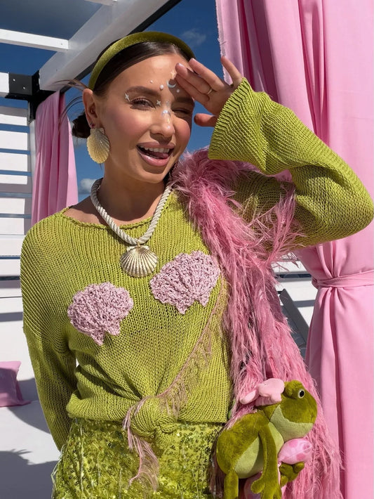 Knit Sheer Shell Embroidered Long Sleeve Round Neck Top