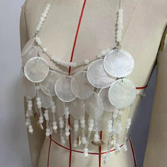 Shell Beaded Sequin Pearls Strap Open Back Bralette