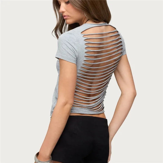 Back Cut Out Shredded Short Sleeve Crop T-Shirt