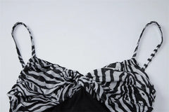 Zebra Print Spaghetti Strap Mesh Corset Patchwork Maxi Dress